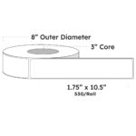 1.75" x 10.5" x 530 Labels - White Gloss BOPP Roll Inkjet Labels - 3" Core - Blank