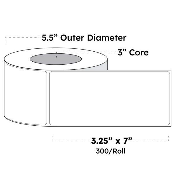 3.25" x 7" x 300 Labels - White Gloss BOPP Roll Inkjet Labels - 3" Core - Blank